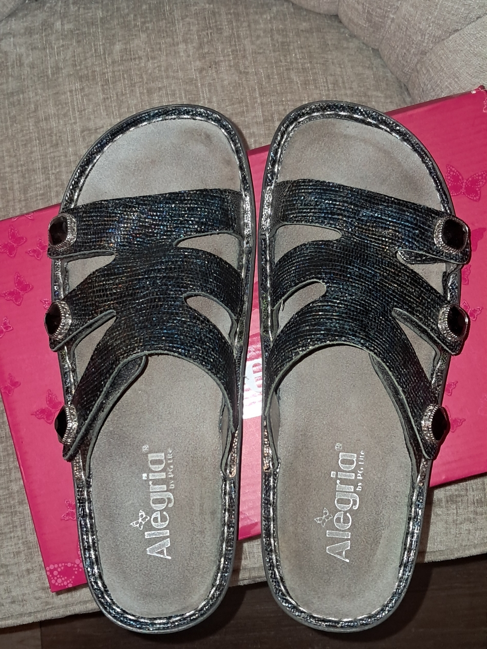 Alegria Black Shimmery Multi-Strap Slide Sandals